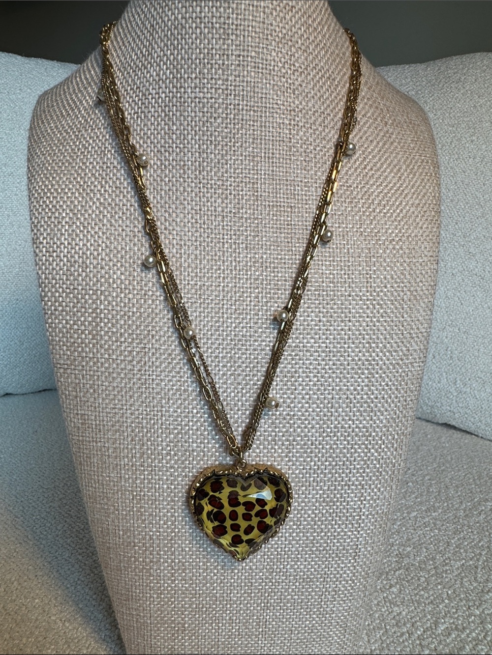 Betsey Johnson Gold-Tone Leopard Heart Pendant Necklace with Faux Pearls